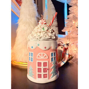 Pink Gingerbread House Mug | Hand Painted Holiday Ceramic | Large Mug